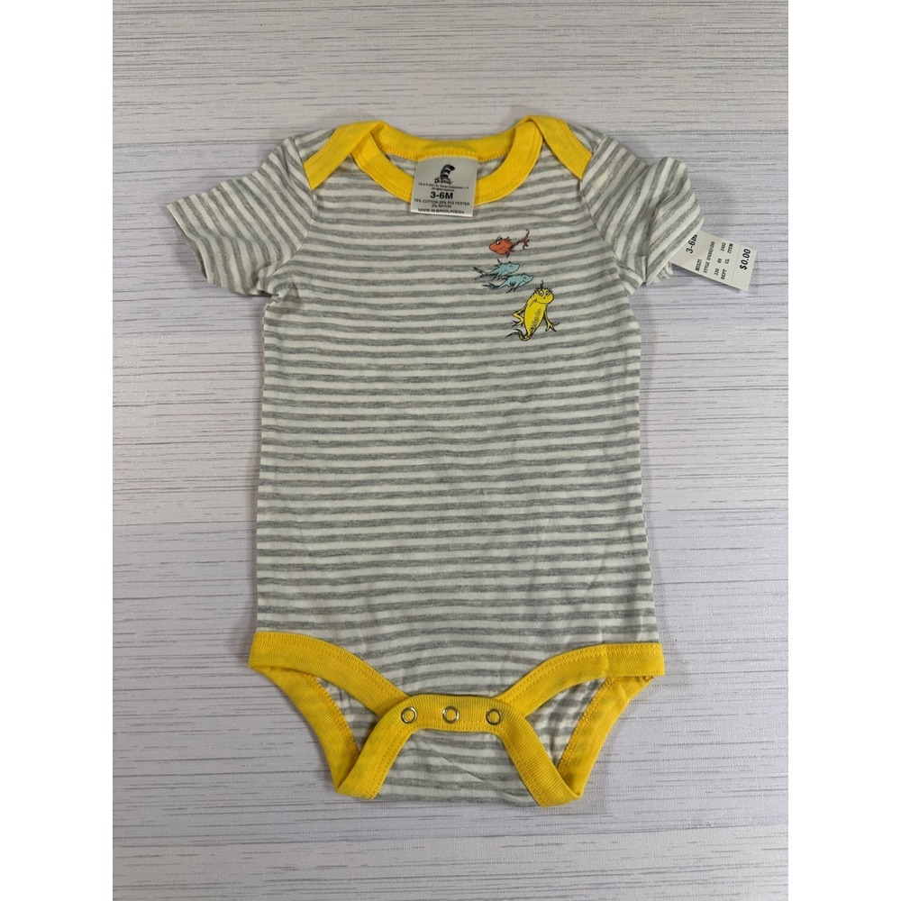 Dr Seuss One Fish Two Fish Striped Bodysuit Baby 3-6M Grey Yellow NWT
